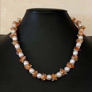 Elegant Honora fresh water pearl necklace rings of carnelian and citrine chips